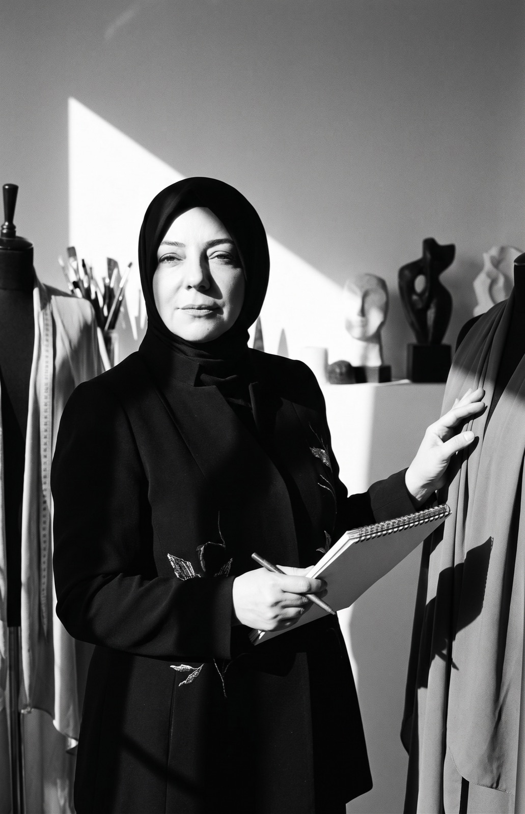 Emine Yıldız atölyesinde, tasarım eskizi üzerinde çalışırken